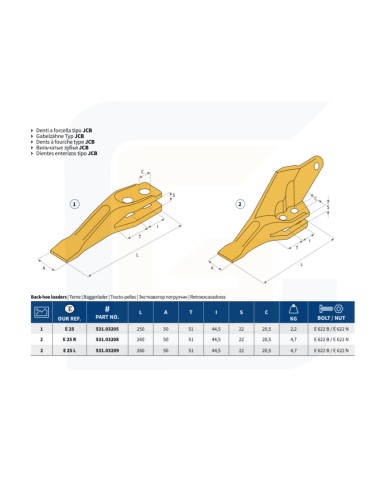 Dente a forcella tipo jcb e25