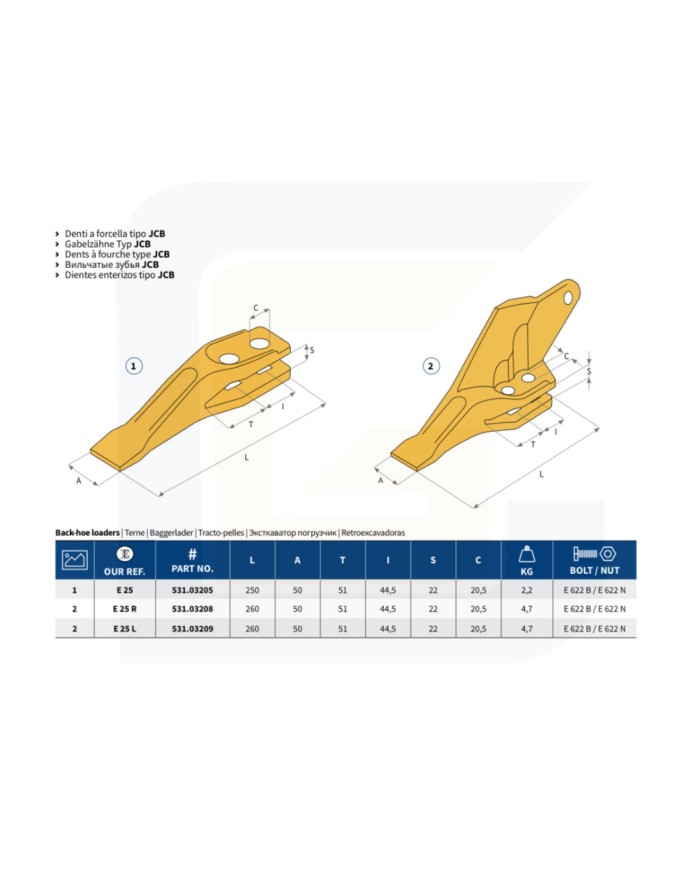 Dente a forcella tipo jcb e25