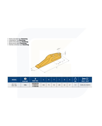 Dente a forcella tipo hanomag e41