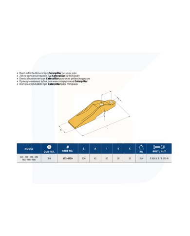 Dente ad imbullonare per mini pale tipo caterpillar e8