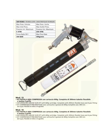 Kit pistola grasso ad aria compressa con cartuccia 600 gr