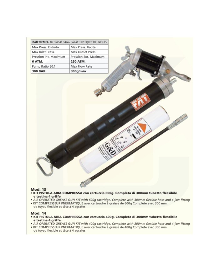 Kit pistola grasso ad aria compressa con cartuccia 600 gr