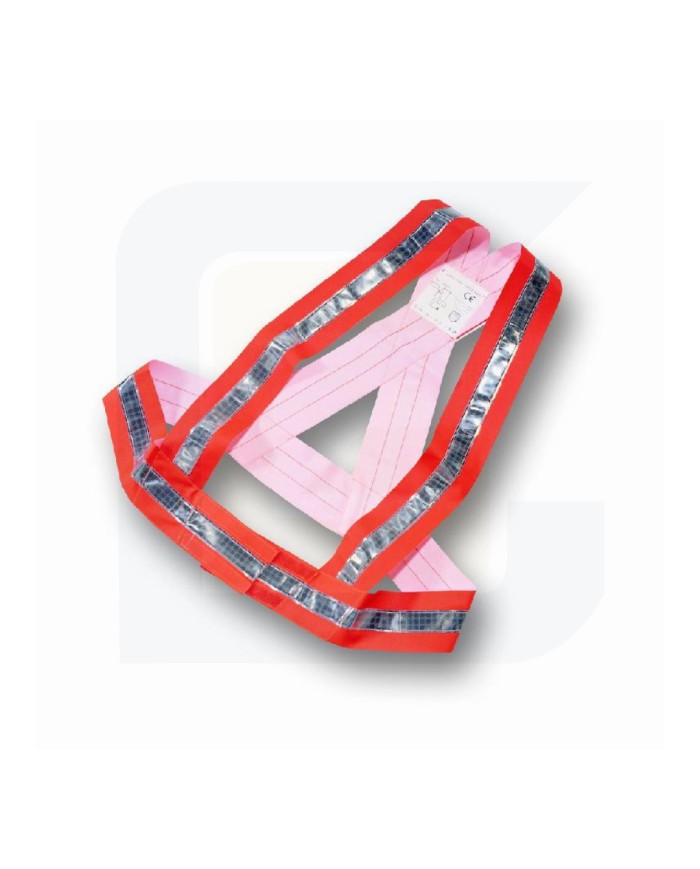 Bretella arancio ad alta visibilità in tessuto sintetico fluorescente e bande riflettenti.