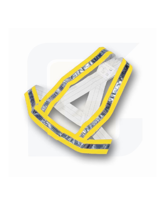 Bretella gialla ad alta visibilità in tessuto sintetico fluorescente e bande riflettenti.