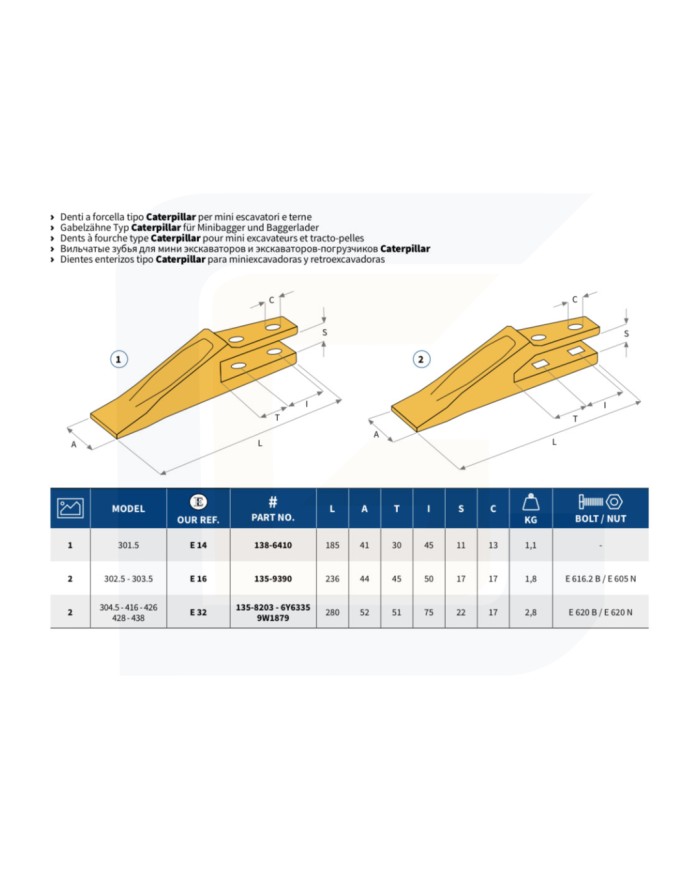 Dente a forcella miniescavatore caterpillar e16
