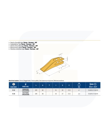 Dente a forcella tipo terex-fermec-mf e23