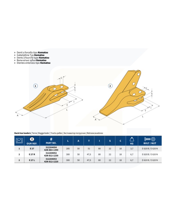 Dente angolare sinistro tipo komatsu e27l
