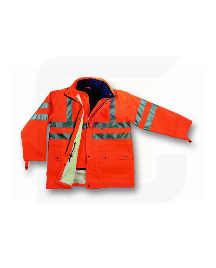 Giacca arancio impermeabile ad alta visibilita con porta badge. triplo uso.